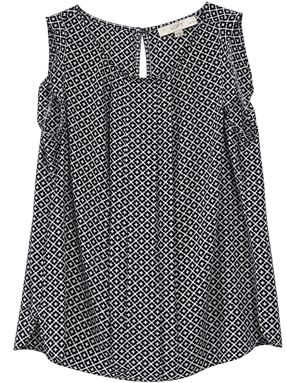 LOFT Petite Black & White Geometric Flutter Sleeve Blouse | SP | Career & Casual